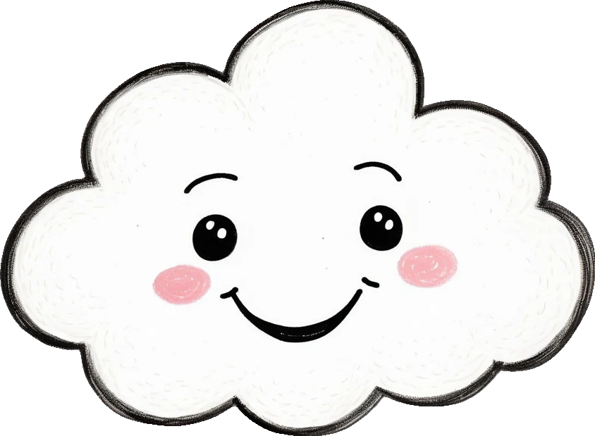 Nimbus, a smiling white cloud with rosy cheeks